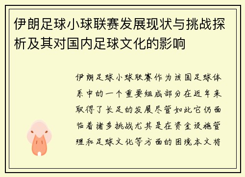 伊朗足球小球联赛发展现状与挑战探析及其对国内足球文化的影响