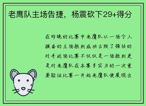 老鹰队主场告捷，杨震砍下29+得分